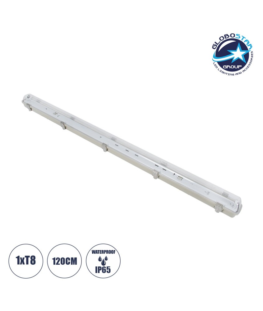 GLOBOSTAR® VIGAS 90612 Γραμμικό Βιομηχανικό Φωτιστικό Σκαφάκι Tri-Proof με Μεταλλικά Clips για 1 x Λάμπα T8 G13 120cm Τύπου Φθορίου LED Τροφοδοσίας Ενός Άκρου 120° AC 220-240V Αδιάβροχο IP65 - Γκρι με Διάφανο Κάλυμμα Πλαστικό PC - Μ126 x Π8 x Υ8.5cm